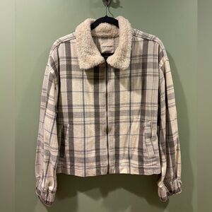 Lucky Brand NWT Cream and Brown Plaid SHERPA collar full zip Jacket